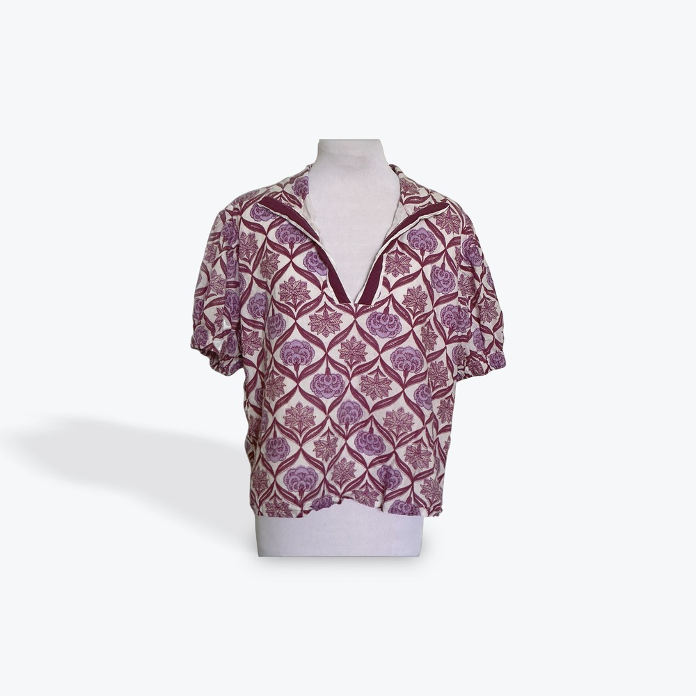 Fox & Hen Women Purple Floral Block Print V-Neck Puff Sleeve Blouse Size M